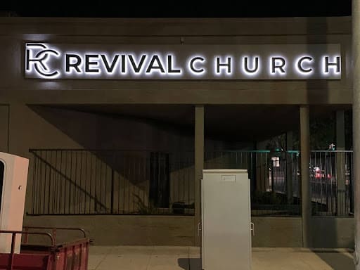 Revival Church lighted sign in Modesto, California